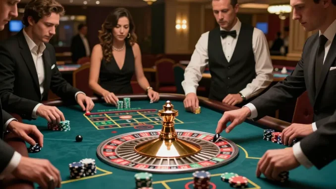 Players placing bets at a roulette table, showcasing the excitement of 8kbet casino gaming.