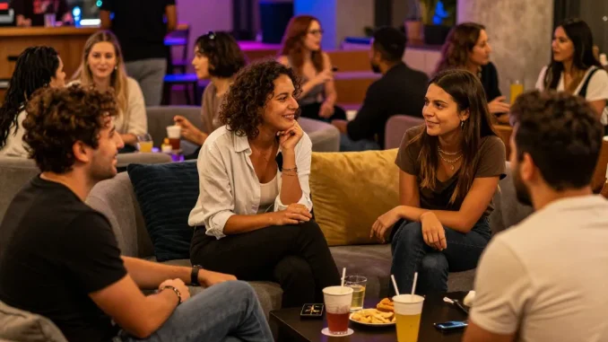 Engaging adults in a vibrant social setting discussing sexchat, colorful ambiance, and conversation.