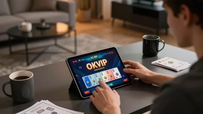 Playing SC88 OKVIP mobile games on a tablet at a modern home desk