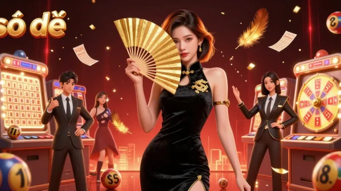 Engage in số đề with stunning visual representation of a captivating woman holding a golden fan amidst glowing lottery elements.