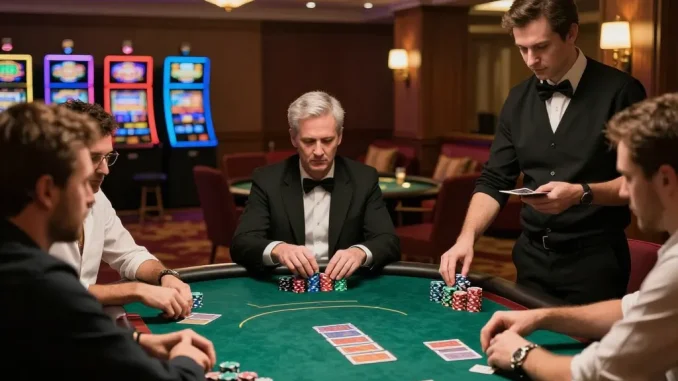Players at a poker table engage in high-stakes gameplay at cm88seo casino, highlighting strategy and excitement