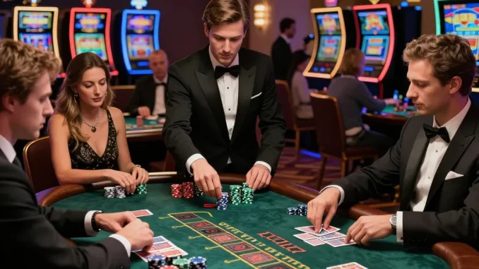 Players engaged in a strategic blackjack game at cm88game casino, showcasing elegance and excitement.