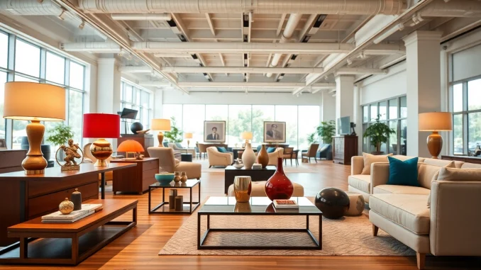 Showcase of furniture accessories supplier featuring elegant lamps and decorative pieces.
