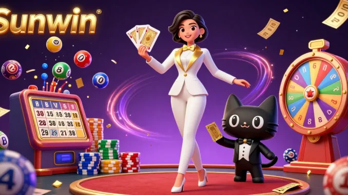 Experience the excitement of Sunwin casino with a glamorous scene of a woman shuffling cards among vibrant casino elements.