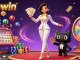 Experience the excitement of Sunwin casino with a glamorous scene of a woman shuffling cards among vibrant casino elements.