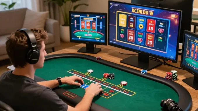 Player enjoying online blackjack at vt88 with multiple game screens in a cozy home office.