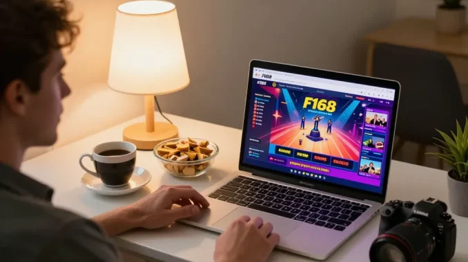 Engaging in online gambling with f168 on a cozy home setup, featuring a live dealer game