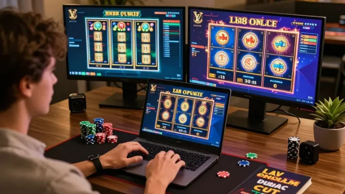 Engaged player enjoying LV88 online casino on a laptop, vibrant gaming setup.
