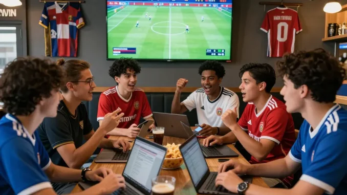 Friends enjoying the excitement of NOWGOAL live soccer scores in a vibrant sports bar