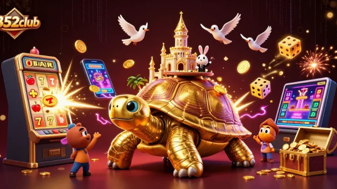 B52club offers an exciting casino experience with a golden tortoise and dynamic games, showcasing vibrant elements.
