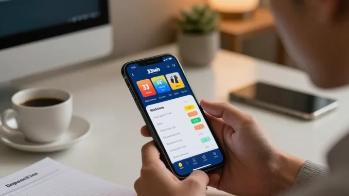 Engaging with the 33win app for sports betting in a modern home office.