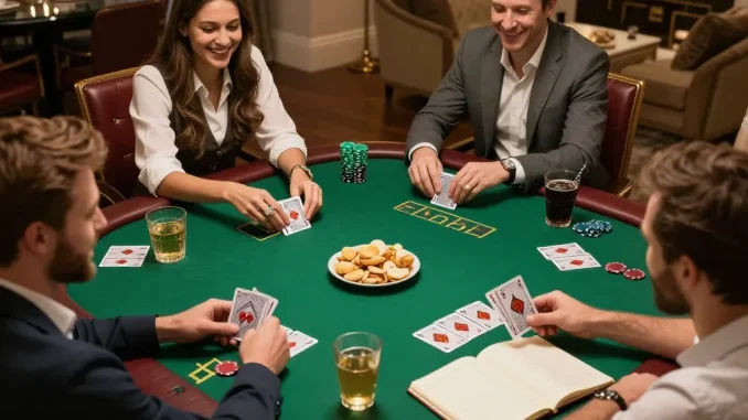 Players enjoying an engaging poker game night at home with friends, showcasing fly88's thrilling atmosphere.