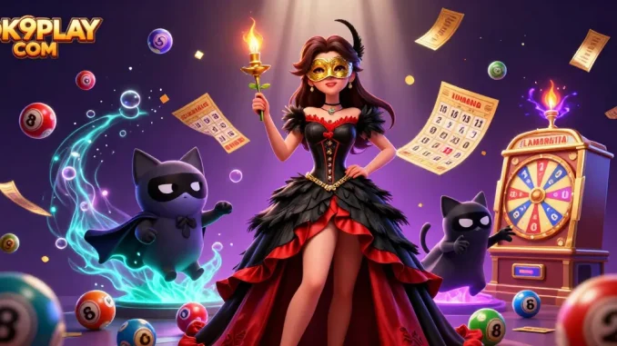 Spin and win with OK9PLAY COM, illustrated vibrant casino elements in a dynamic scene.