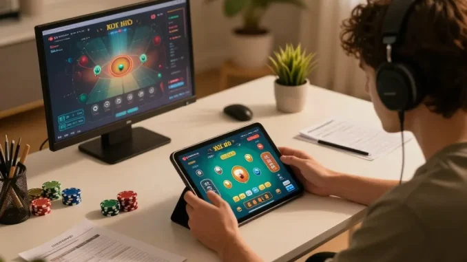 Player engaging in xóc đĩa online game on tablet, showcasing strategic gameplay in cozy atmosphere.