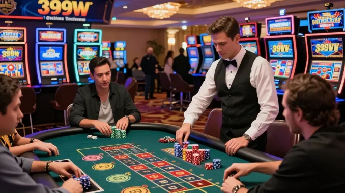 Engaged players enjoying the vibrant 399W casino experience at a roulette table, colorful ambiance and excitement