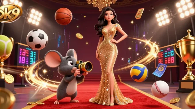 Experience sports excitement at ok9 with a glamorous 3D woman, golden trophy, and action-filled betting slips.