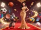 Experience sports excitement at ok9 with a glamorous 3D woman, golden trophy, and action-filled betting slips.