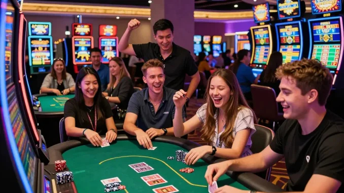 Excited friends celebrating a jackpot at the vibrant 399W casino, showcasing lively gaming atmosphere and fun.