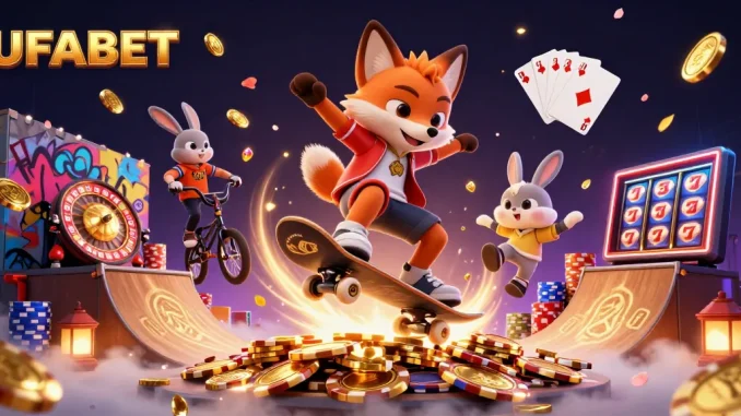 Bet on UFABET with a vibrant 3D casino scene featuring character action and sparkling game elements.