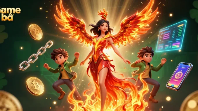 Experience thrilling Game bài action with a fiery phoenix and crypto elements in a vibrant casino scene.