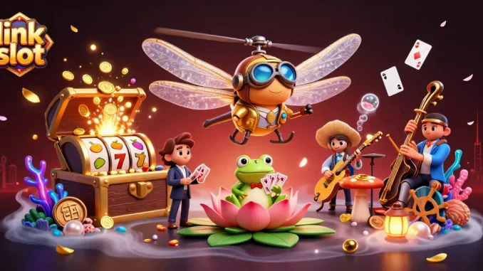 Experience the lively action of link slot as the dragonfly pilot oversees gambling fun in a whimsical casino.