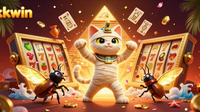 Experience the thrill of kkwin with a dynamic 3D illustration featuring a mummy cat and casino elements.