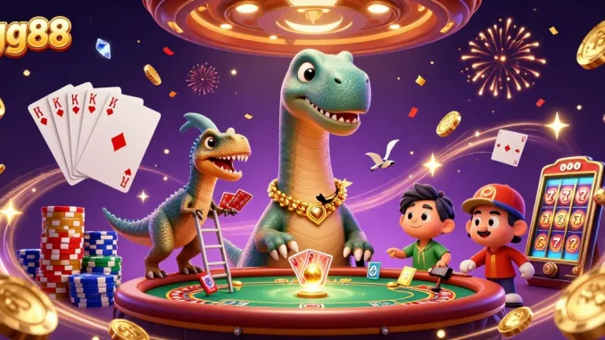gg88 showcases an exciting casino scene with a brontosaurus and raptor dealer amid sparkling stones and vibrant games.