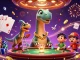 gg88 showcases an exciting casino scene with a brontosaurus and raptor dealer amid sparkling stones and vibrant games.