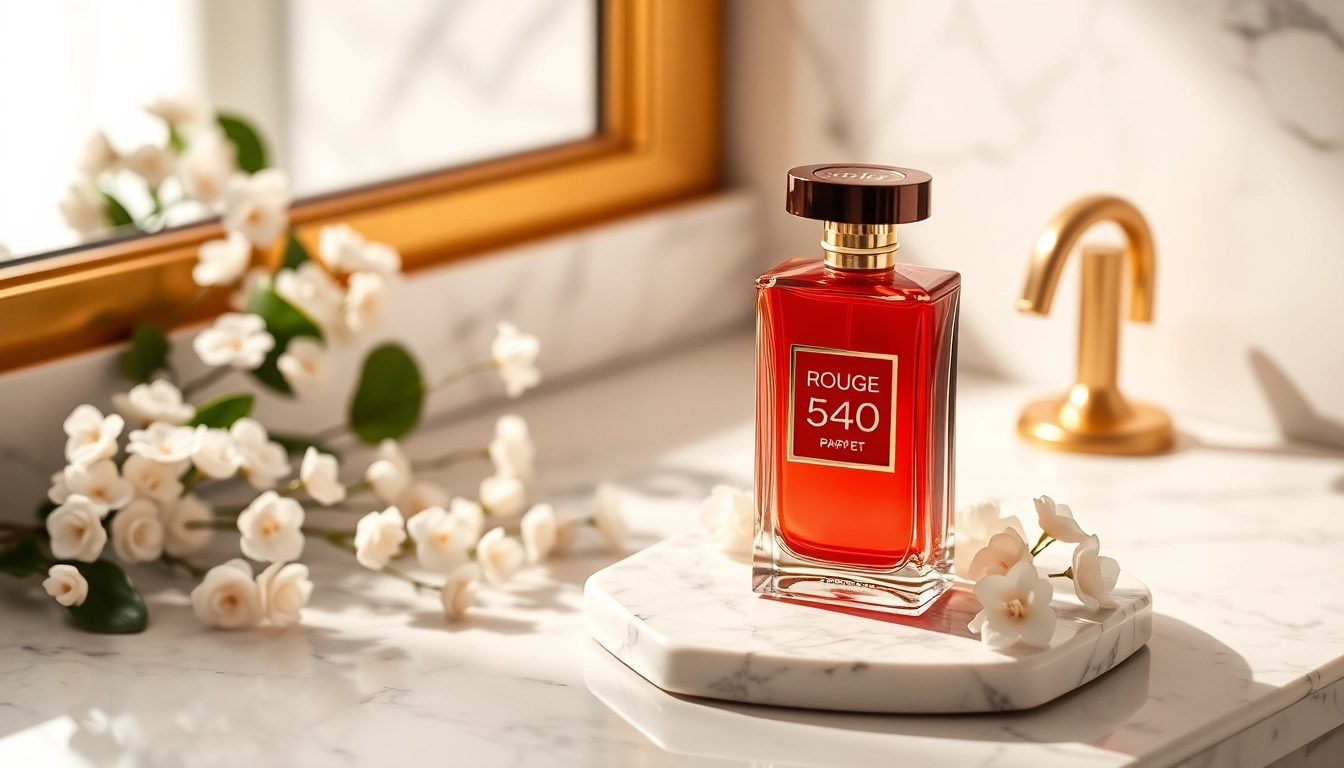 Showcase a luxurious Rouge 540 perfume bottle amidst elegant flowers and gold accents. related image