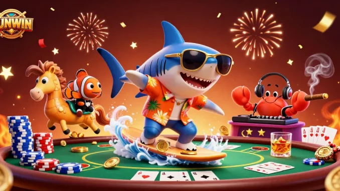 SUNWIN offers exciting gaming adventures with a dynamic shark, clownfish, and crab DJ in a vibrant casino scene.
