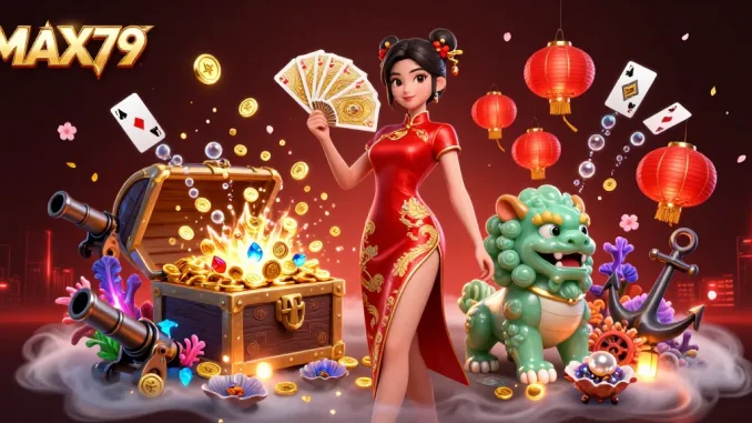 Experience thrilling gameplay at MAX79 with a captivating 3D casino illustration featuring vibrant characters and elements.