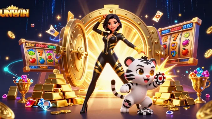 SUNWIN reveals exciting gameplay with a stunning woman and baby tiger amidst piles of gold and casino treasures.