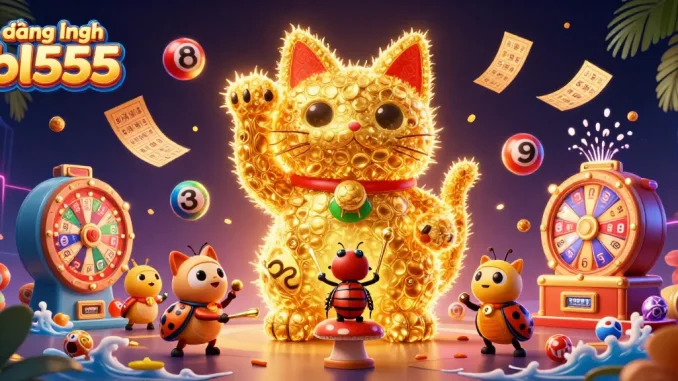Engage in thrilling gameplay at đăng nhập bl555 with a vibrant lucky cat surrounded by dynamic casino elements.