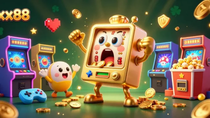 Spin the jackpot with xx88's golden slot machine, coins flying everywhere in victory!