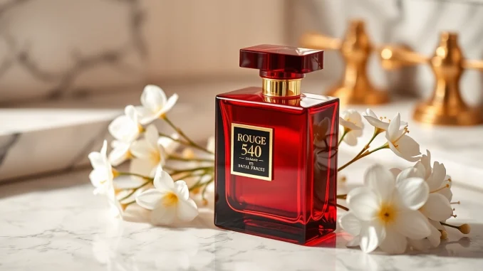 Showcase a luxurious Rouge 540 perfume bottle amidst elegant flowers and gold accents.
