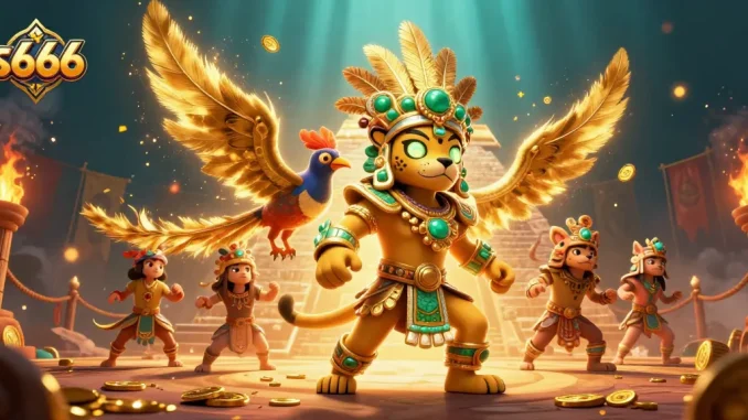 Play at s666 with Mayan priest and golden tokens in an engaging casino setting.