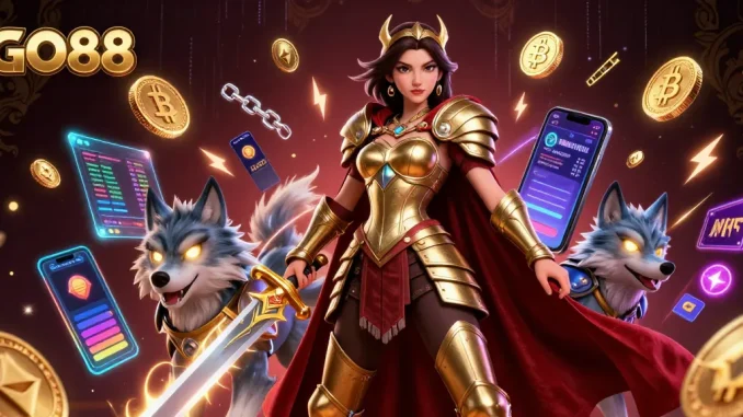 Experience the thrill of GO88 with a warrior queen wielding a golden sword in dynamic online gaming.