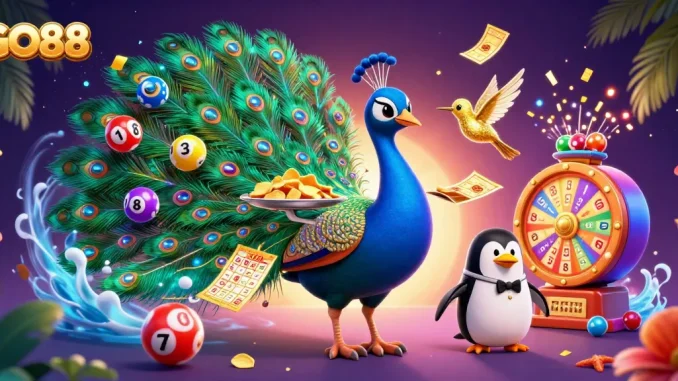 Engage with GO88's vibrant gaming scene featuring colorful casino elements and lively characters.