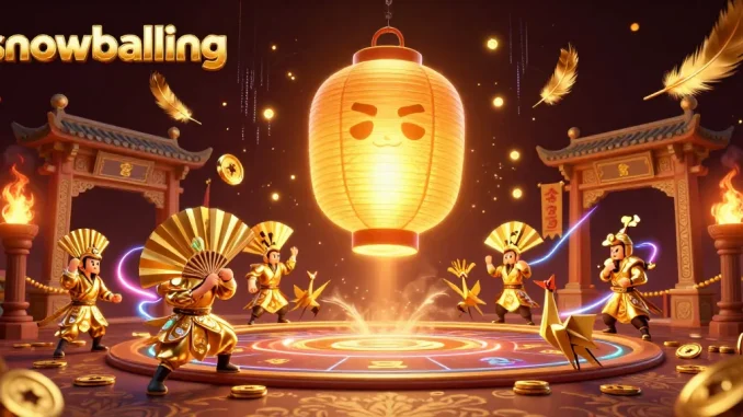 Snowballing game scene featuring golden lantern spirit and warriors amid dynamic casino elements.