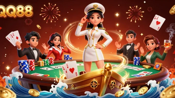 Experience thrilling gameplay at QQ88 with an Asian-inspired poker scene featuring vibrant elements.