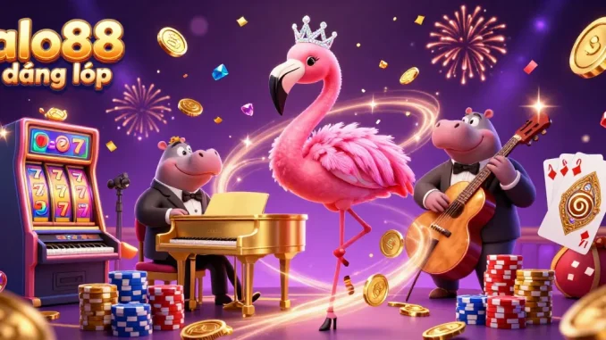 Experience vibrant gaming action with alo88 đăng nhập as flamingos and hippos create an enchanting casino atmosphere.