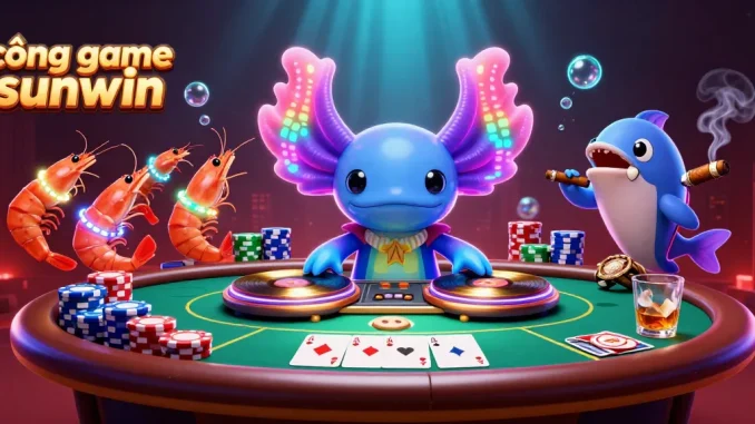 Engage with the exciting cổng game sunwin experience through this vibrant illustration of a neon casino party.