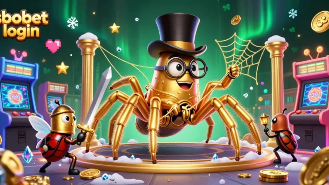 Experience sbobet login with a golden tarantula weaving its web in a lively casino scene.