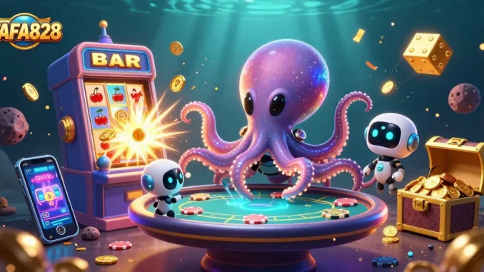 Play exciting games at FAFA828 with a vibrant alien octopus and jackpot slot explosion.