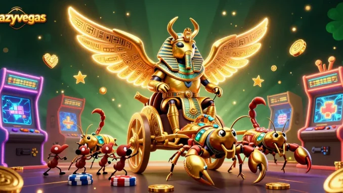 Experience exhilarating gameplay at crazyvegas with a dynamic scene of golden scarabs and casino elements.