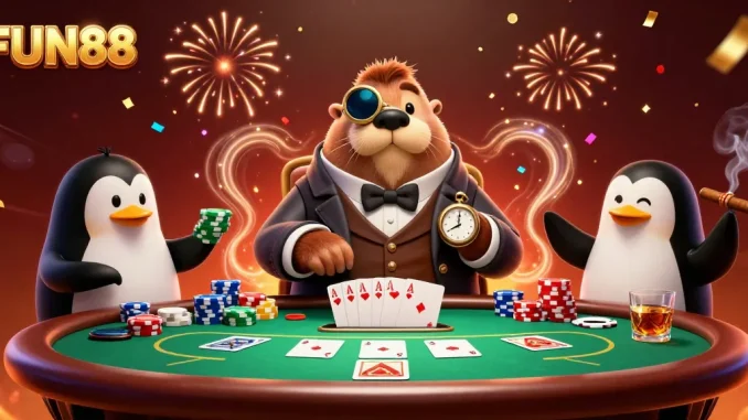 Experience poker excitement with FUN88 as the walrus, penguin dealer, and pufferfish bluff.