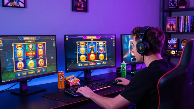 Player enjoying non UKGC casinos while engaging with vibrant gaming interface and snacks in an immersive setup.