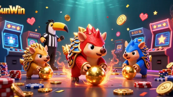 Win big at SunWin with rival pangolins bowling through poker chips in a vibrant casino setting.