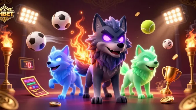 Engage with SHBET through a dynamic 3D scene of wolf companions and sports elements, showcasing casino excitement.